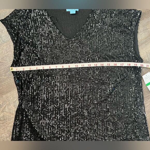 CeCe Sequined V-Neck Cap-Sleeve Black Blouse-Size Large - Picture 5 of 6